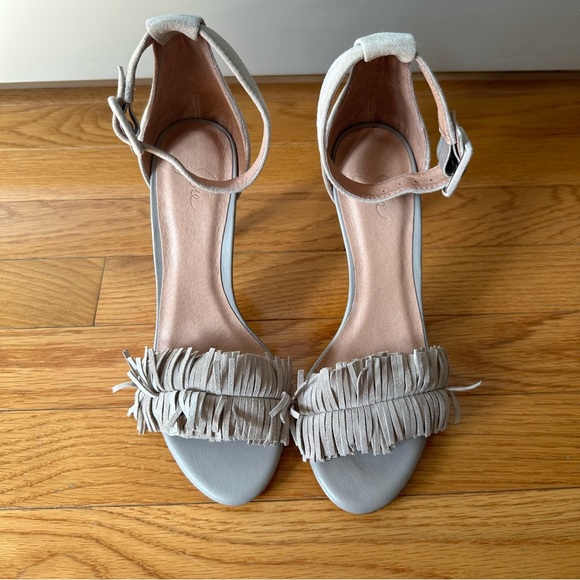 Joie Ankle Strap Sandals Pippi Fringe Taupe Suede High Heel — Size 6.5 - Picture 5 of 6